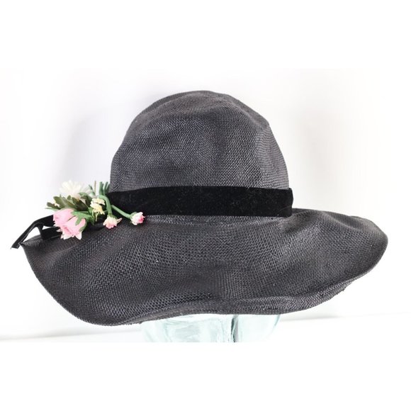Vintage 60s 70s Streetwear Distressed Flower Straw Floppy Brim Sun Hat Black main image 3